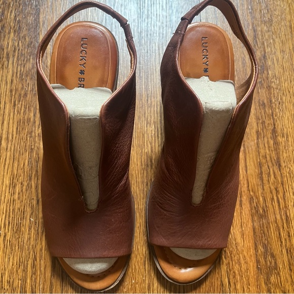 Lucky brand Rhazy stacked block heels open toe 8 leather chunky - Picture 2 of 9